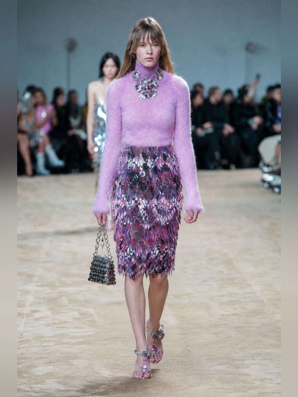 Vin-Rouge Feathered Purple Abstract Fringe Midi Skirt Statement Chic 12